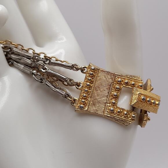 Vintage CELEBRITY Gold Silver Tone Chain Design, Designer Signed, 1960s, 7 1/8" - Picture 6 of 14